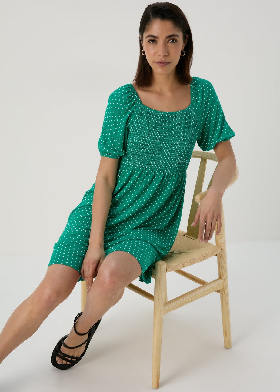Green Square Neck Shirred Mini Dress