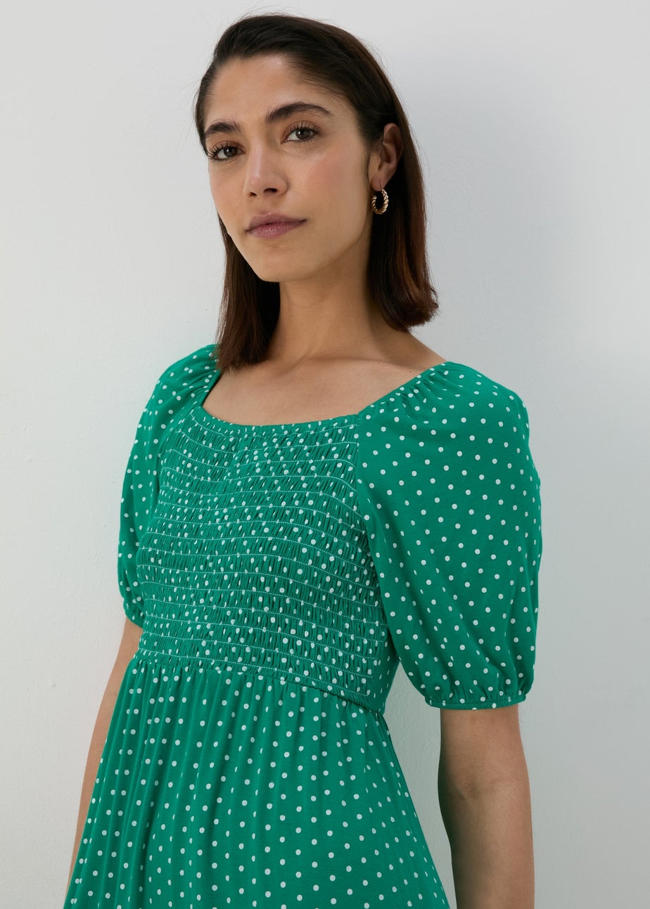 Green Square Neck Shirred Mini Dress