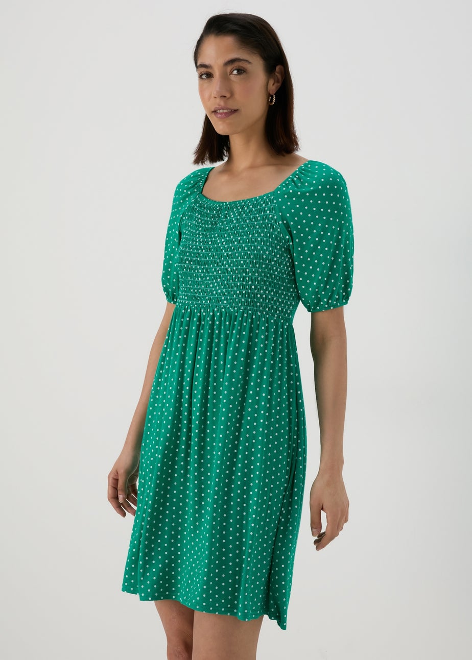 Green Square Neck Shirred Mini Dress