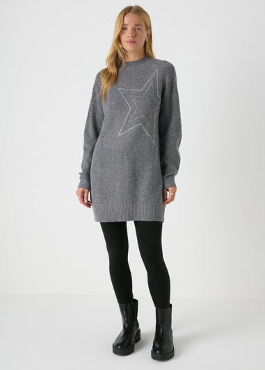 Wondrous Grey Star Embellished Knitted Longline Jumper