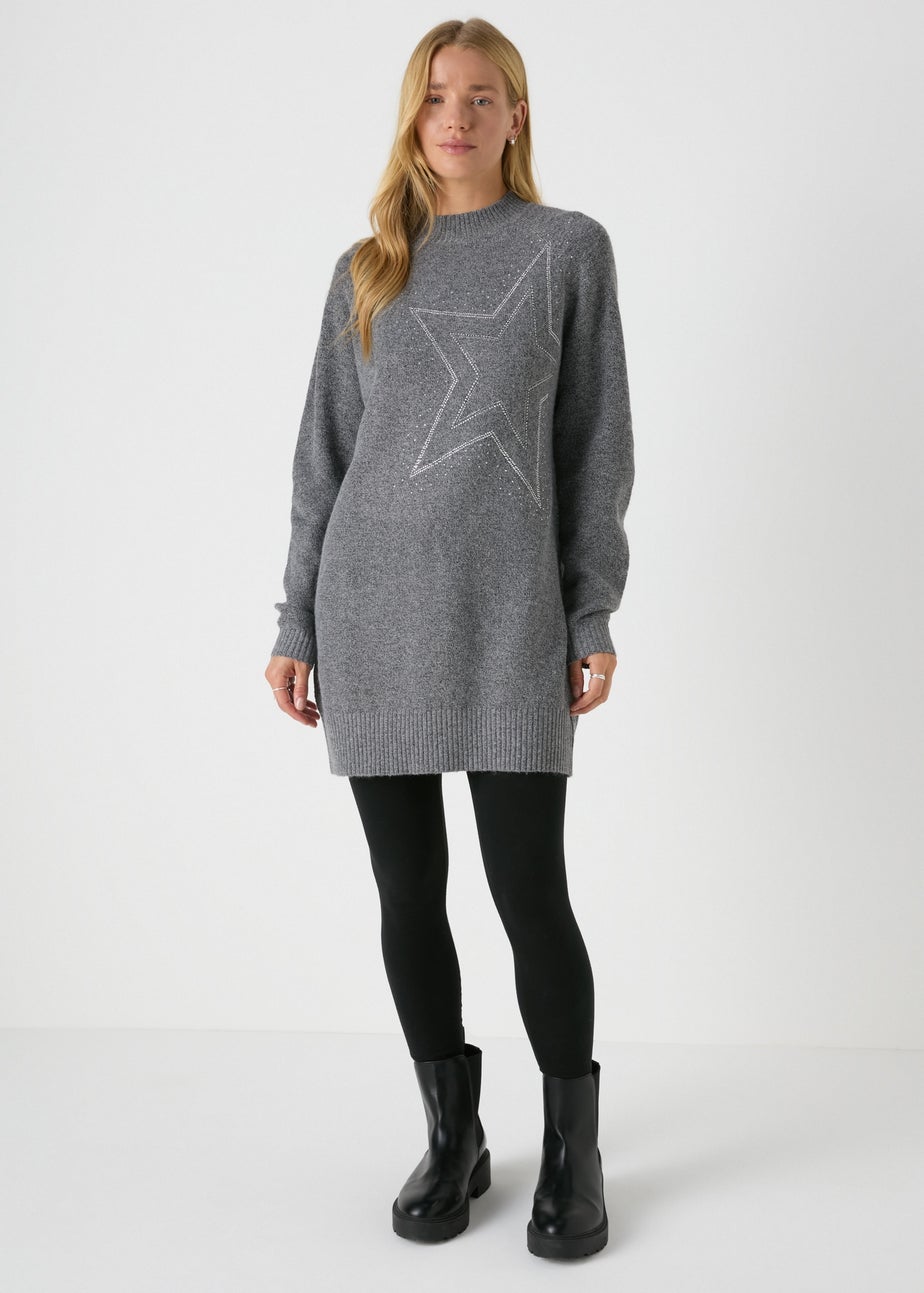 Wondrous Grey Star Embellished Knitted Longline Jumper