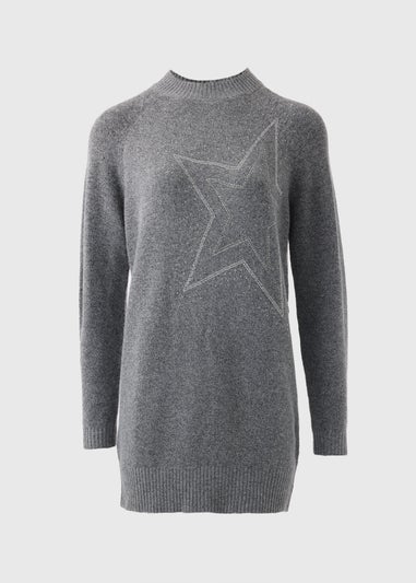 Wondrous Grey Star Embellished Knitted Longline Jumper