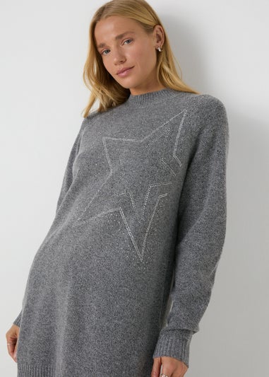Wondrous Grey Star Embellished Knitted Longline Jumper