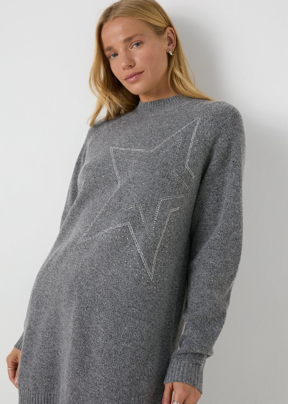 Wondrous Grey Star Embellished Knitted Longline Jumper