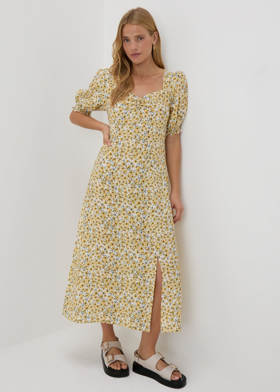 Yellow Floral Ruched Midi Dress