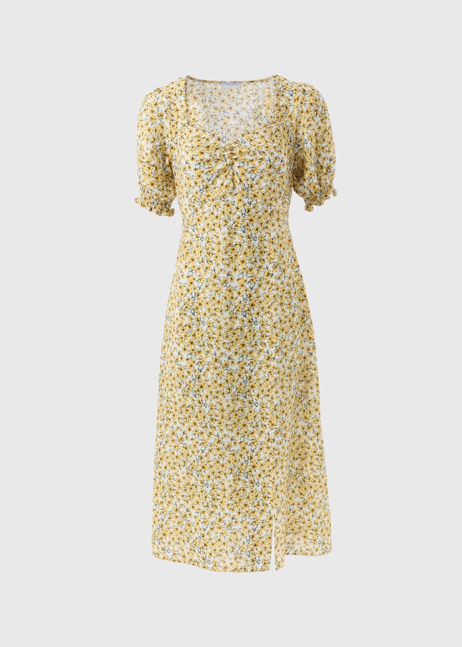 Yellow Floral Ruched Midi Dress