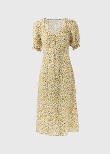 Yellow Floral Ruched Midi Dress