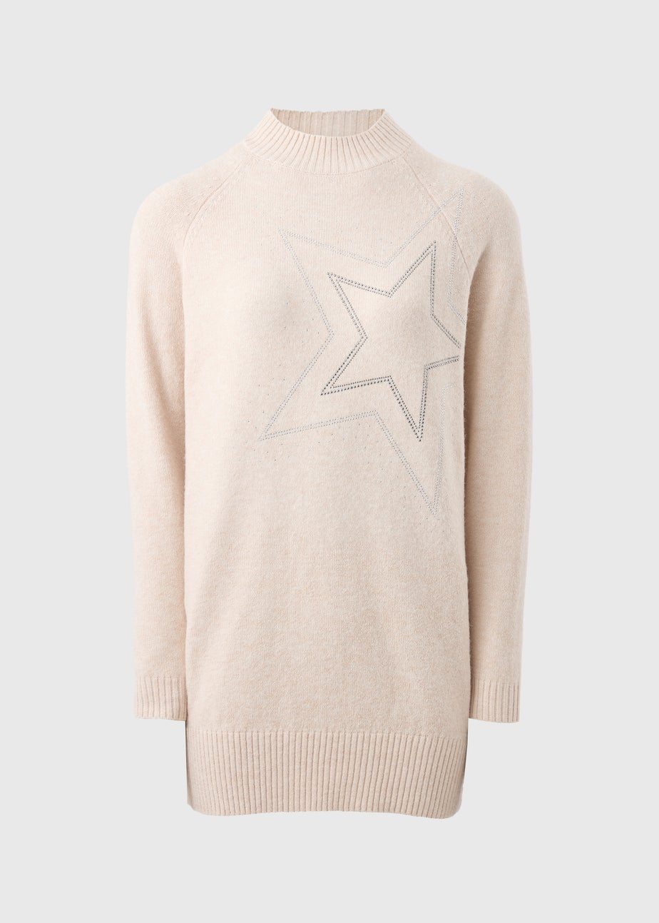 Wondrous Beige Star Embellished Knitted Tunic
