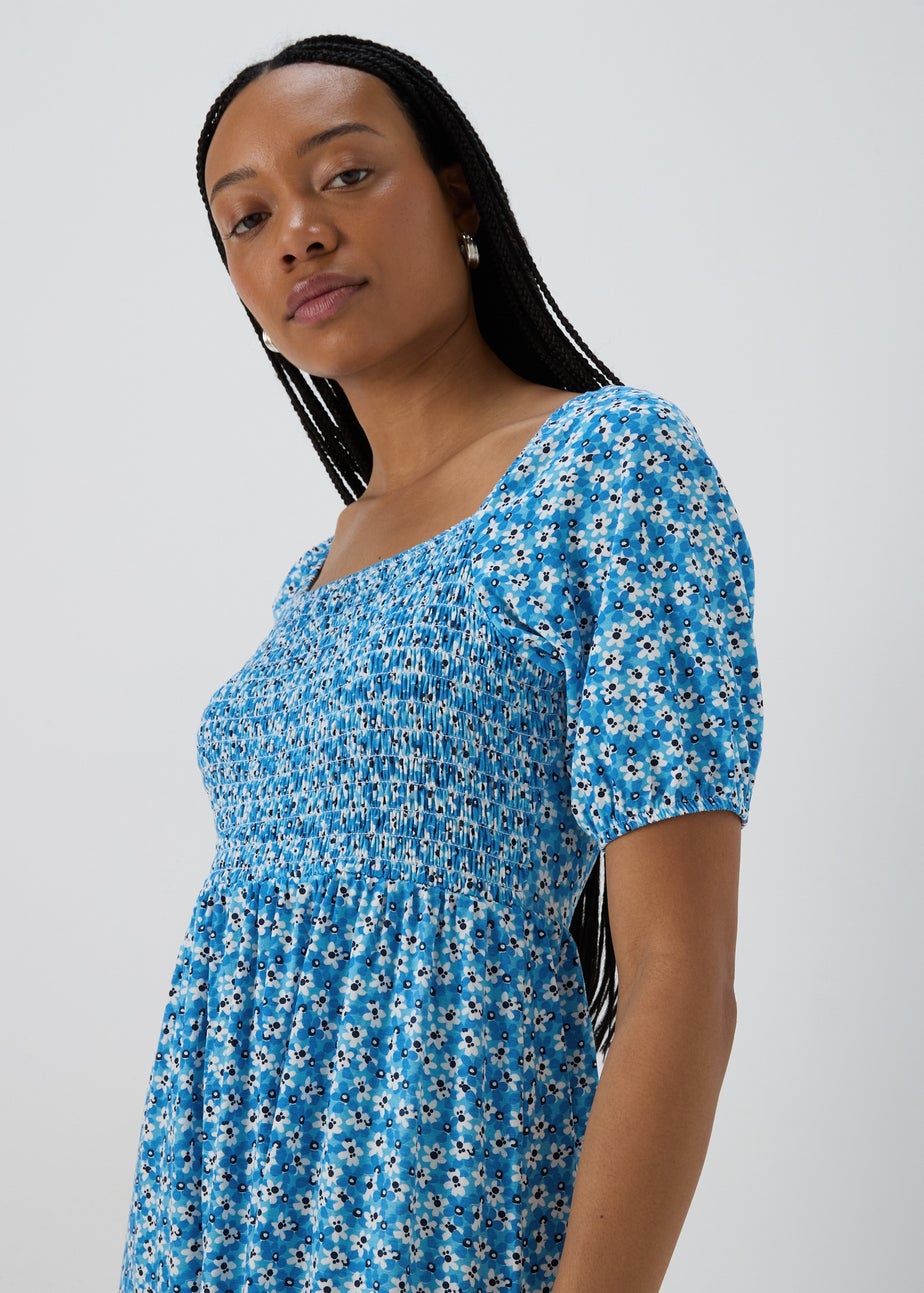 Blue Square Neck Shirred Midi Dress