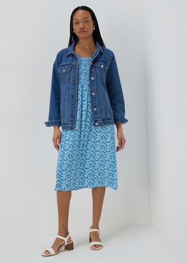 Blue Square Neck Shirred Midi Dress