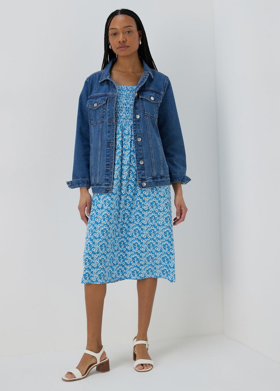 Blue Square Neck Shirred Midi Dress