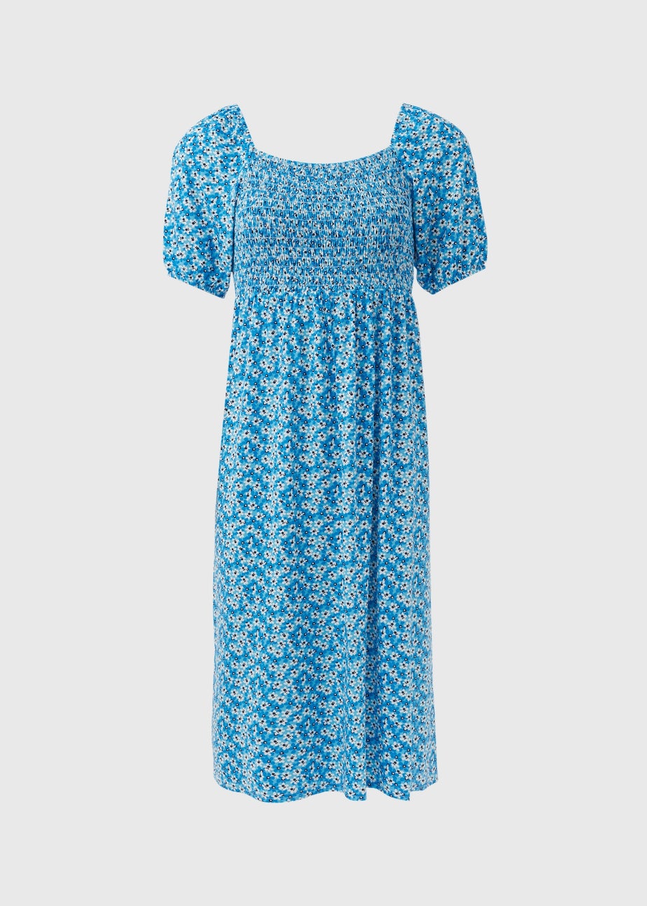 Blue Square Neck Shirred Midi Dress