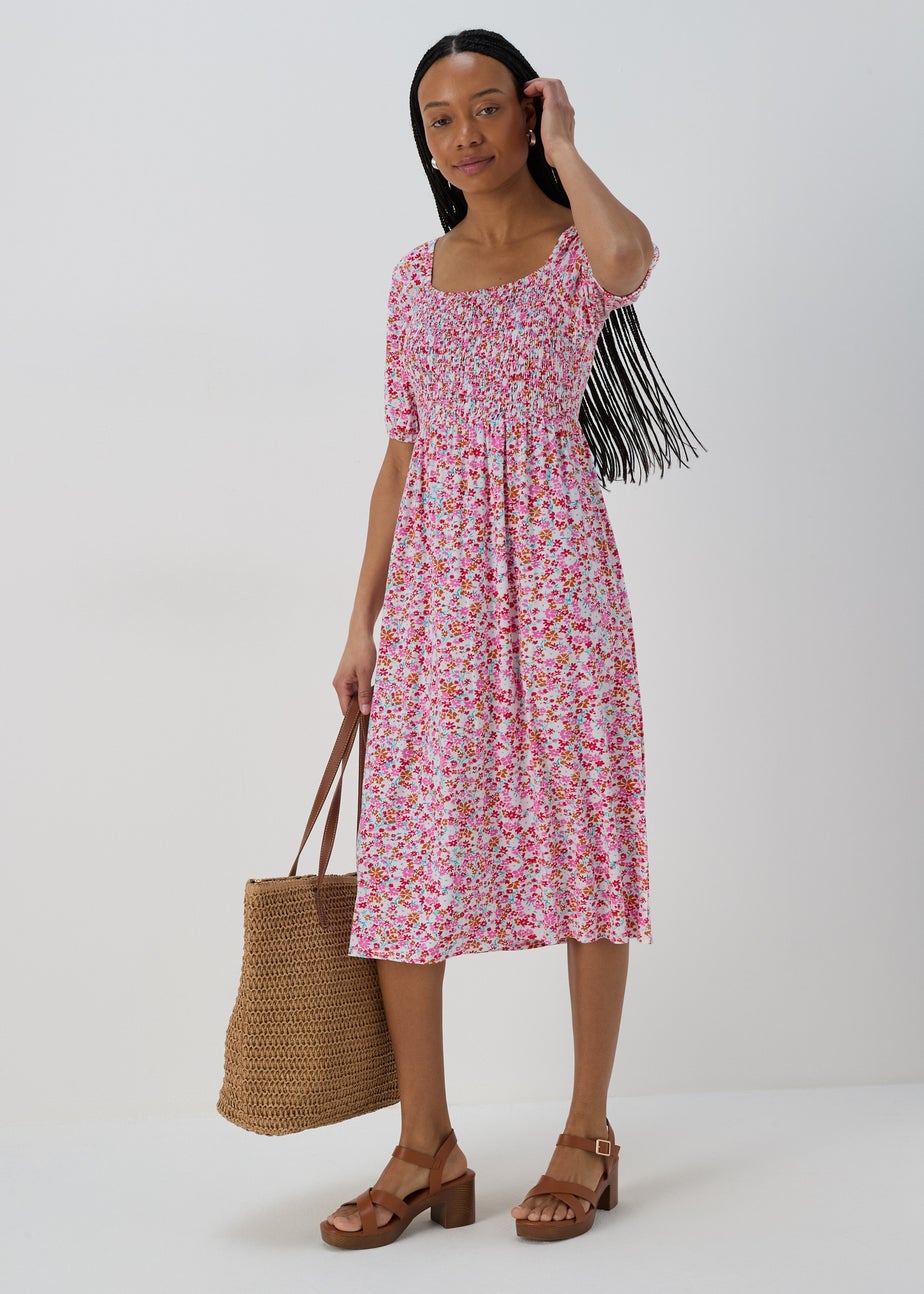 Multicolour Square Neck Shirred Midi Dress