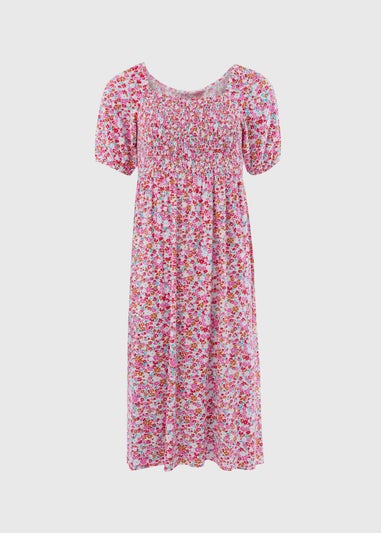 Multicolour Square Neck Shirred Midi Dress