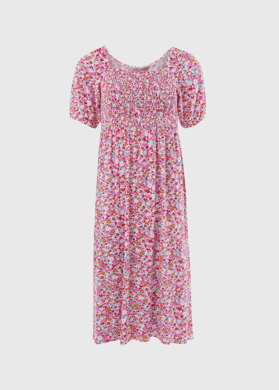 Multicolour Square Neck Shirred Midi Dress