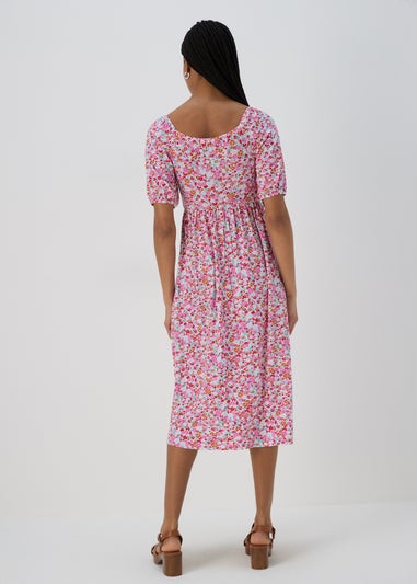 Multicolour Square Neck Shirred Midi Dress