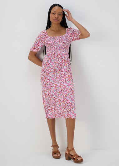 Multicolour Square Neck Shirred Midi Dress