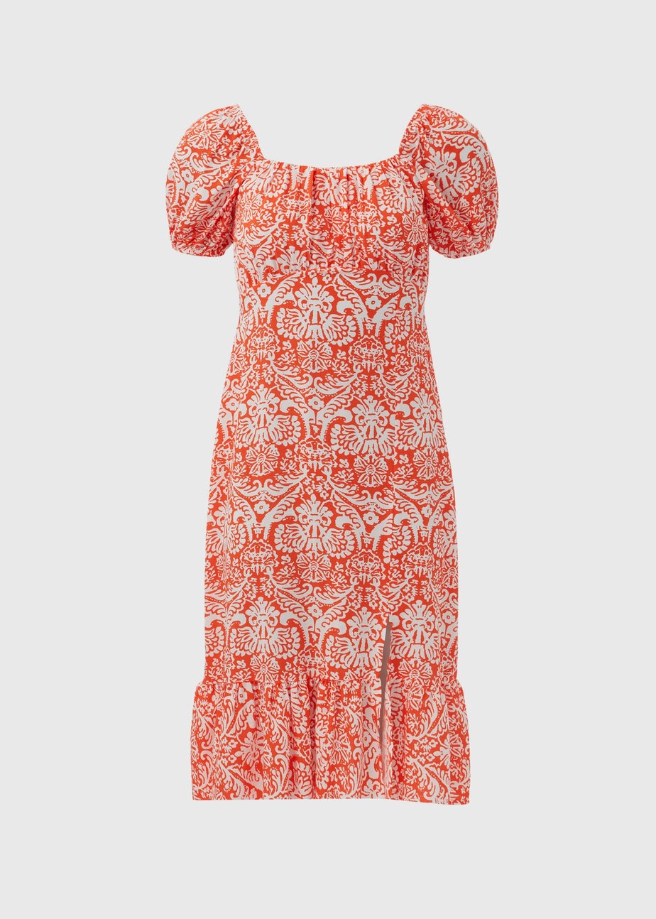 Orange Frill Hem Square Neck Midi Dress