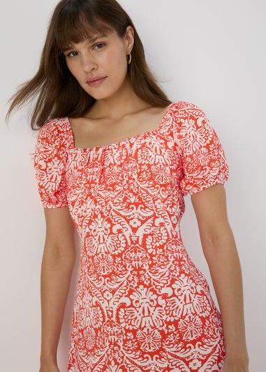 Orange Frill Hem Square Neck Midi Dress