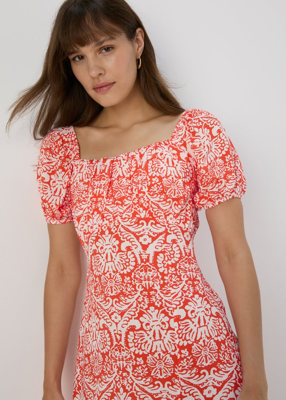 Orange Frill Hem Square Neck Midi Dress