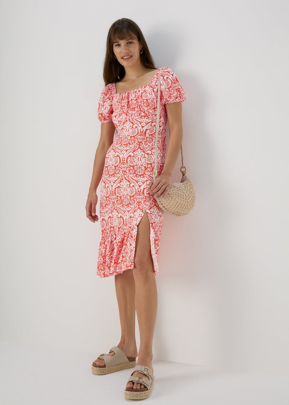 Orange Frill Hem Square Neck Midi Dress
