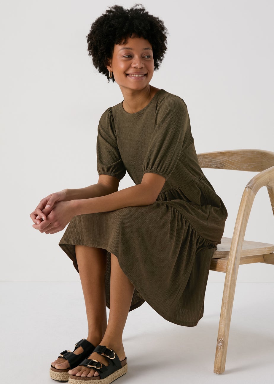 Khaki Textured Tiered Dress