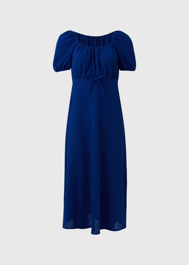 Blue Tie Front Textured Midi Dress
