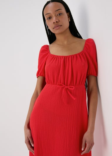 Red Tie Front Textured Midi Dress