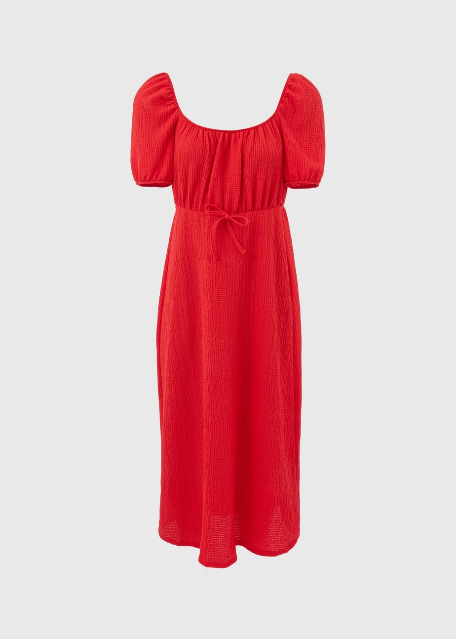 Red Tie Front Textured Midi Dress
