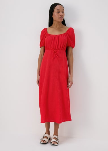 Red Tie Front Textured Midi Dress