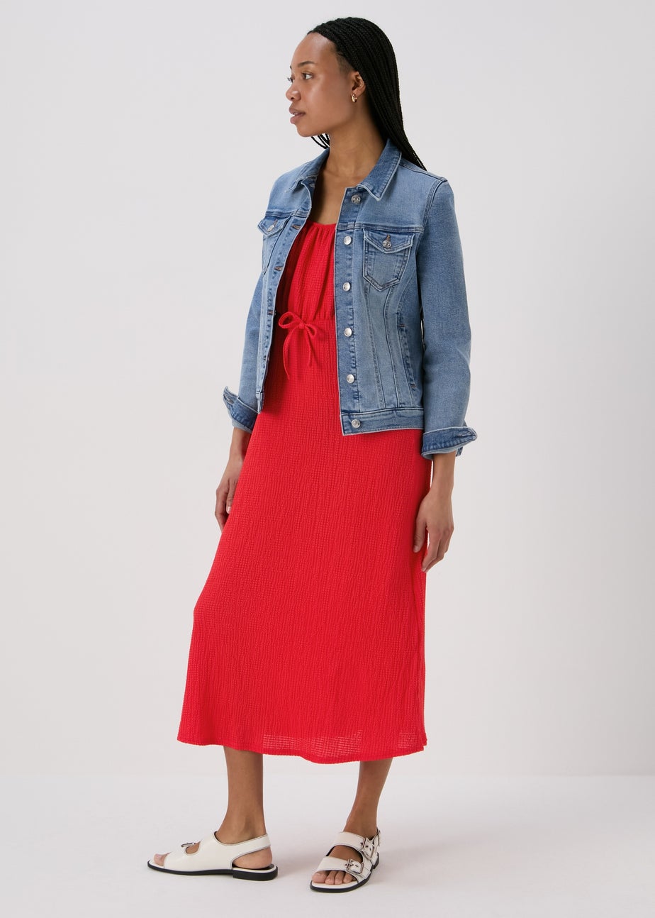 Red Tie Front Textured Midi Dress