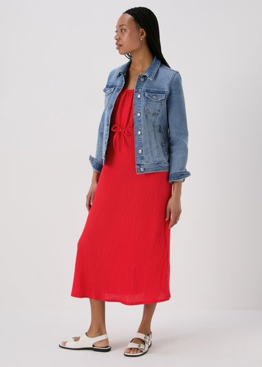 Red Tie Front Textured Midi Dress