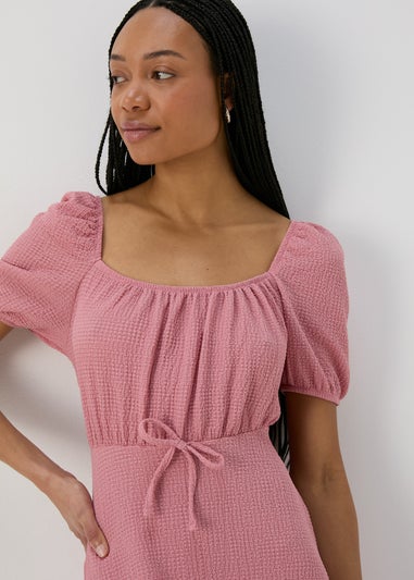 Pink Tie Front Textured Midi Dress
