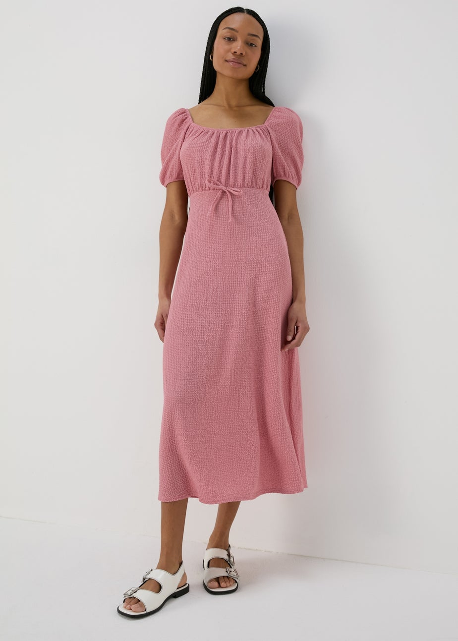 Pink Tie Front Textured Midi Dress
