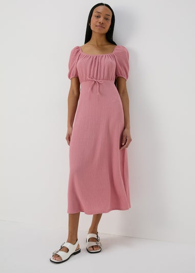 Pink Tie Front Textured Midi Dress