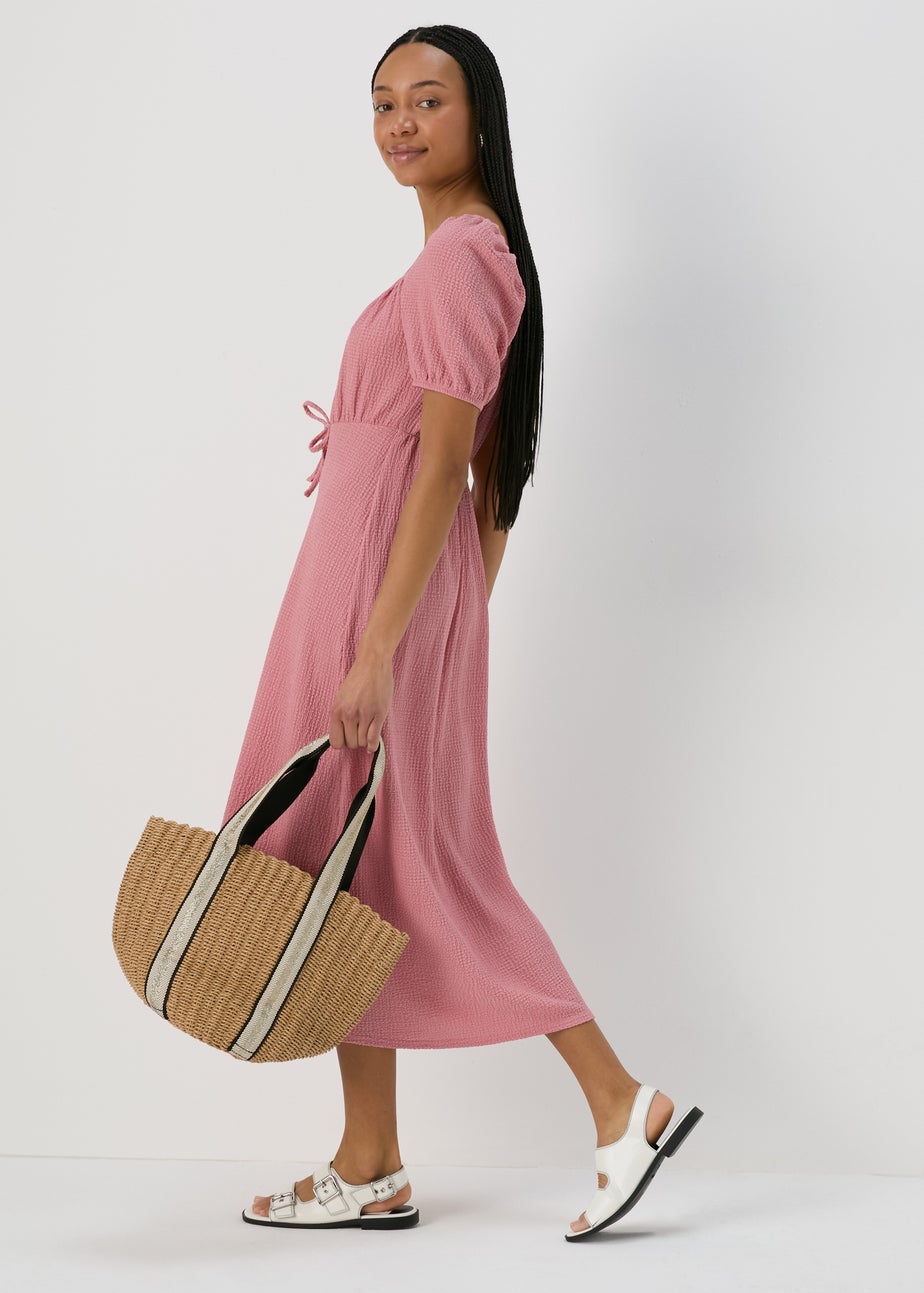 Pink Tie Front Textured Midi Dress