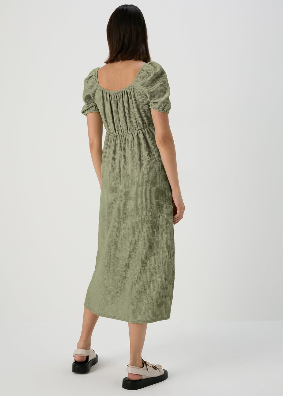 Green Tie Front Textured Midi Dress