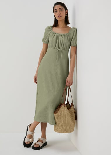 Green Tie Front Textured Midi Dress