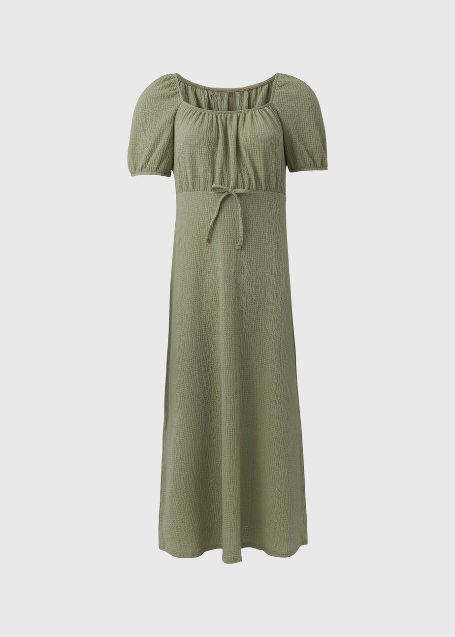 Green Tie Front Textured Midi Dress