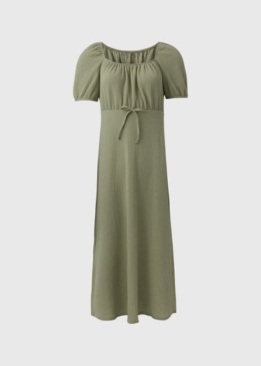 Green Tie Front Textured Midi Dress