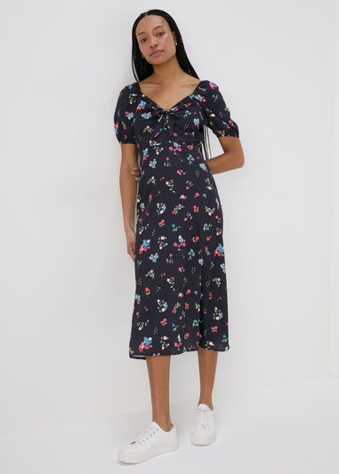 Black Tie Front Woven Midi Dress