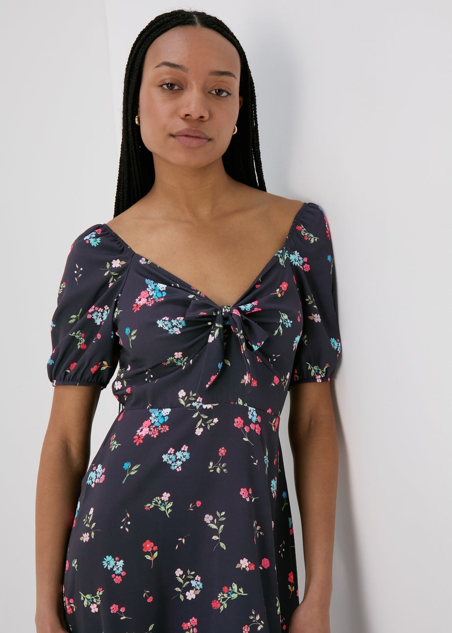 Black Tie Front Woven Midi Dress