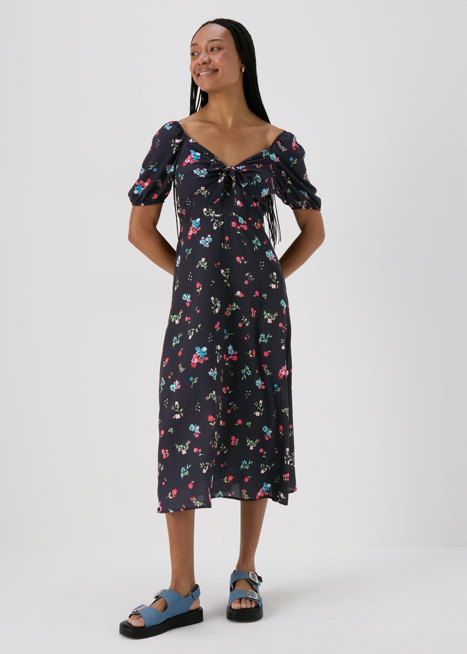 Black Tie Front Woven Midi Dress