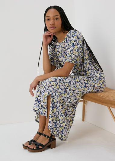 Multicolour Shirred Cuff Jersey Midi Dress