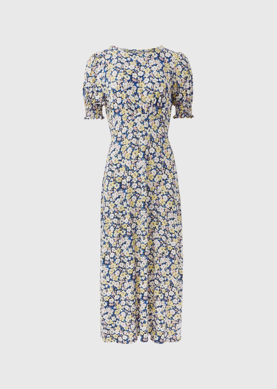 Multicolour Shirred Cuff Jersey Midi Dress