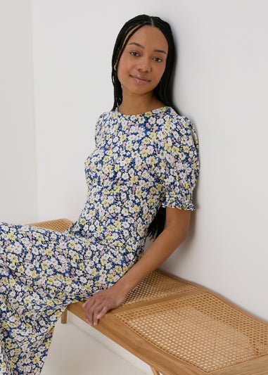 Multicolour Shirred Cuff Jersey Midi Dress