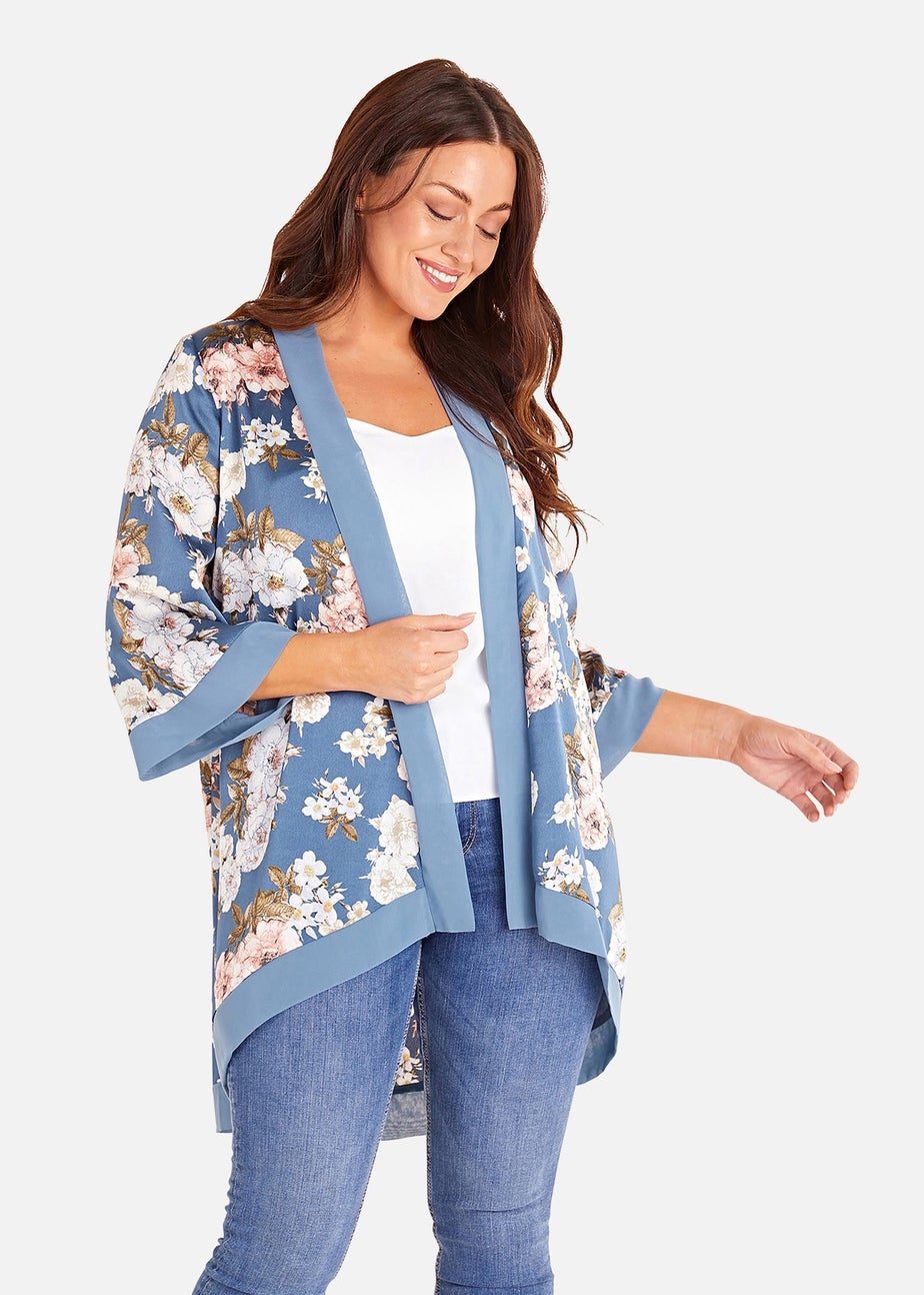 Mela Blue Plus Size Floral Satin Kimono