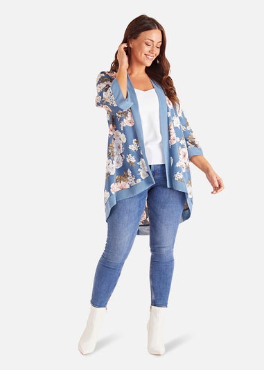 Mela Blue Plus Size Floral Satin Kimono
