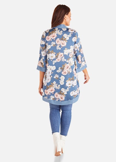 Mela Blue Plus Size Floral Satin Kimono