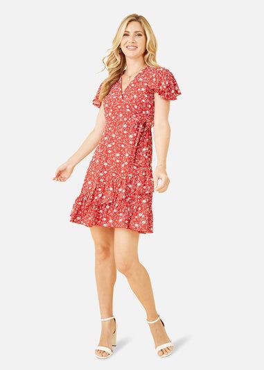 Mela Red Ditsy Floral Wrap Frill Dress